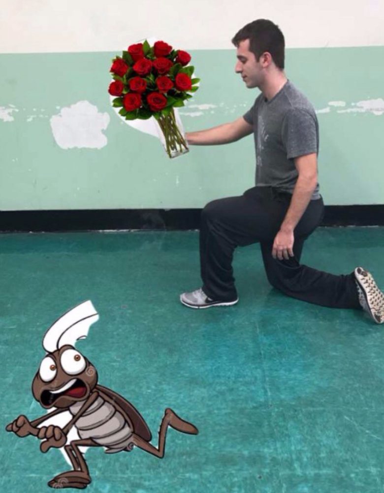 Betty the Cockroach runs away from senior Domenic Schnee after being asked to prom. She was asked by Mr. O’Halloran’s Spider Man lunch box. (Credit: Jack Golden)