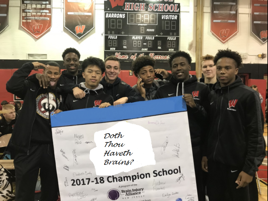 Doth Thou Haveth Brains students presents their 2017-2018 Brain Injury Alliance championship banner. Previously, the club was originally named, “U got Brains” but was changed to follow the todays lingo. 