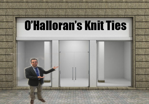 Mr. O’Halloran presents his new knit tie store. The grand opening will take place on April 4th at 8 A.M., former students and colleagues welcome.