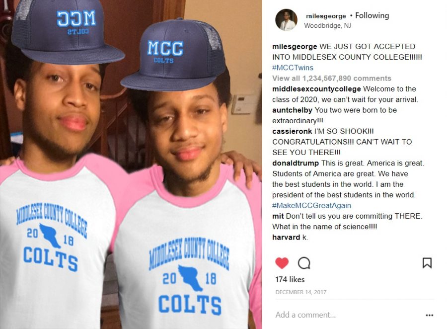 Miles and Malik show off their Middlesex County College apparel after receiving their acceptance into the class of 2020. The photo was posted on Instagram and received over a billion comments from friends, family, and colleges all over the nation, including MCC itself.
