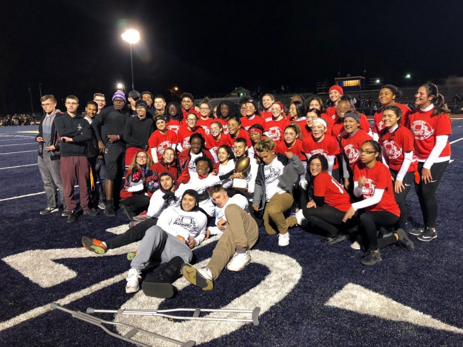 The Powderpuff team smiles as they come fresh off of a victory against rival Colonia. Both teams put in their best effort, but the Lady Barrons fought hard and took home the win.