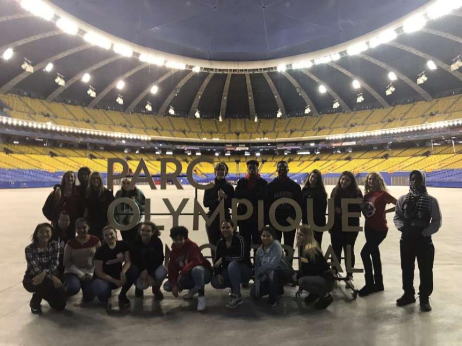 Students in the Olympic Stadium in Montreal. 