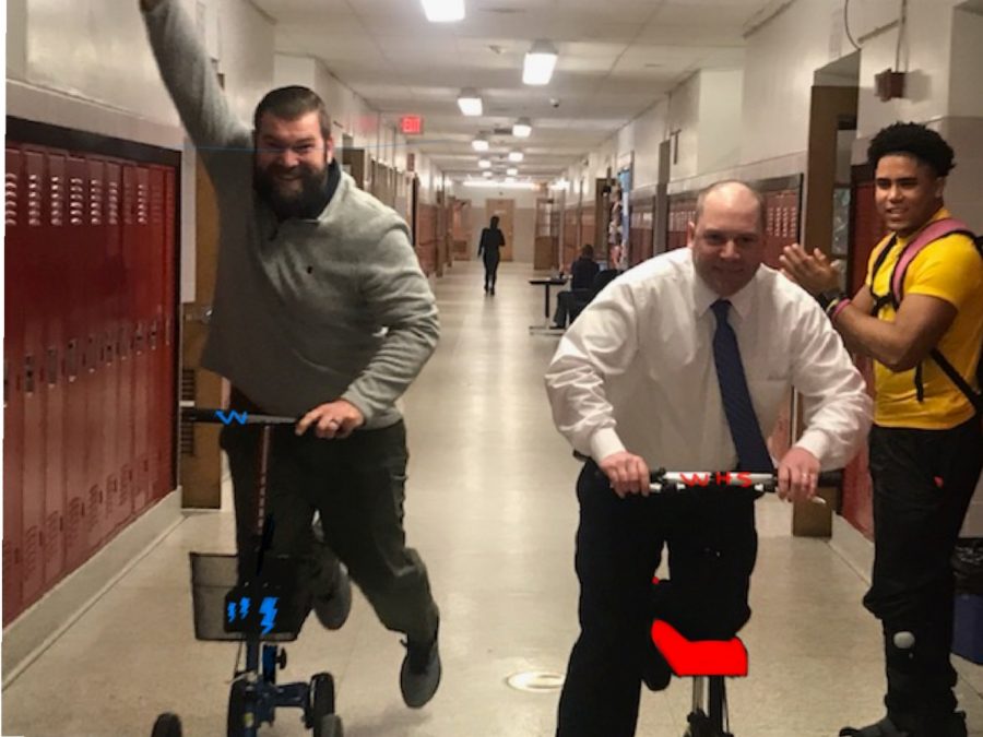 Mr.Woodhull and Mr.Kane are no longer injured but they miss their scooters .  A picture of Mr.Woodhull & Mr.Kane daily races with Jesus Cabrera cheering.