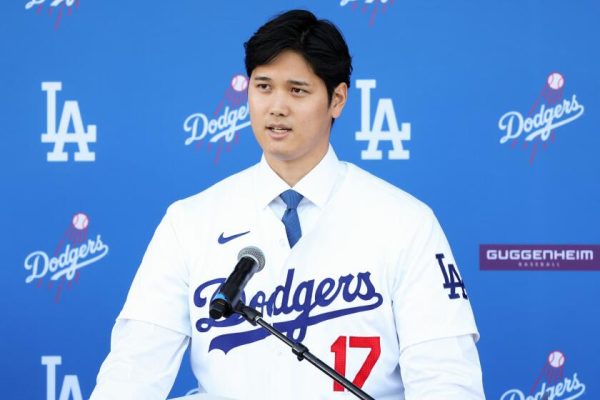 Shohei Ohtani speaking to the public after signing with the Los Angeles Dodgers. 