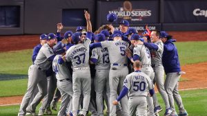 Picture of Los Angeles Dodgers celebrating after defeating the New York Yankees