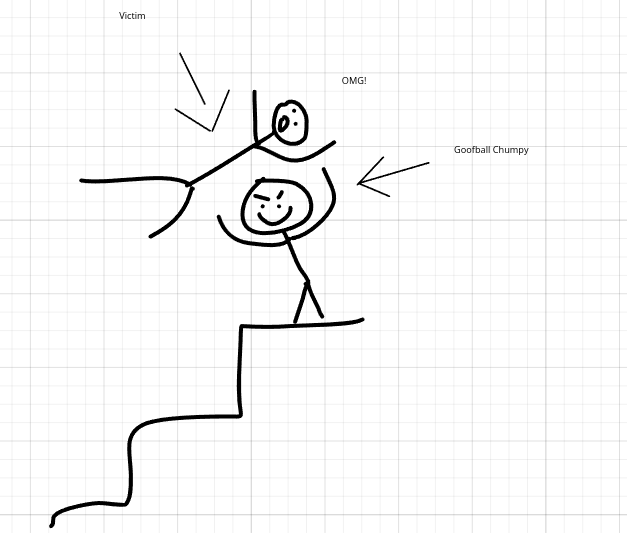 Depiction of Goofball Chumpy throwing the victim down the stairs for the, "senior ritual."