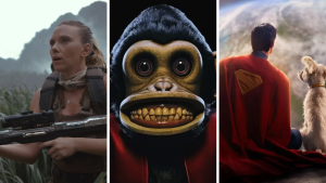 Promo images for Jurassic World: Rebirth, The Monkey, and Superman