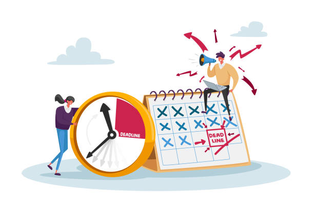 Deadline, Working Productivity, Time Management in Business Process Concept. Busy Businessman and Businesswoman Characters with Megaphone at Huge Clock and Calendar. Cartoon People Vector Illustration